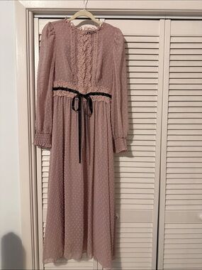 SHEIN Dusty Rose Swiss Dot Long Sleeve Midi Dress with Black Ribbon